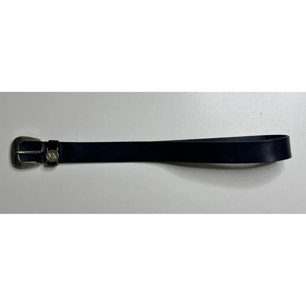 Michael Kors Genuine Leather Belt Navy Blue Silver Buckle MK Logo Size M